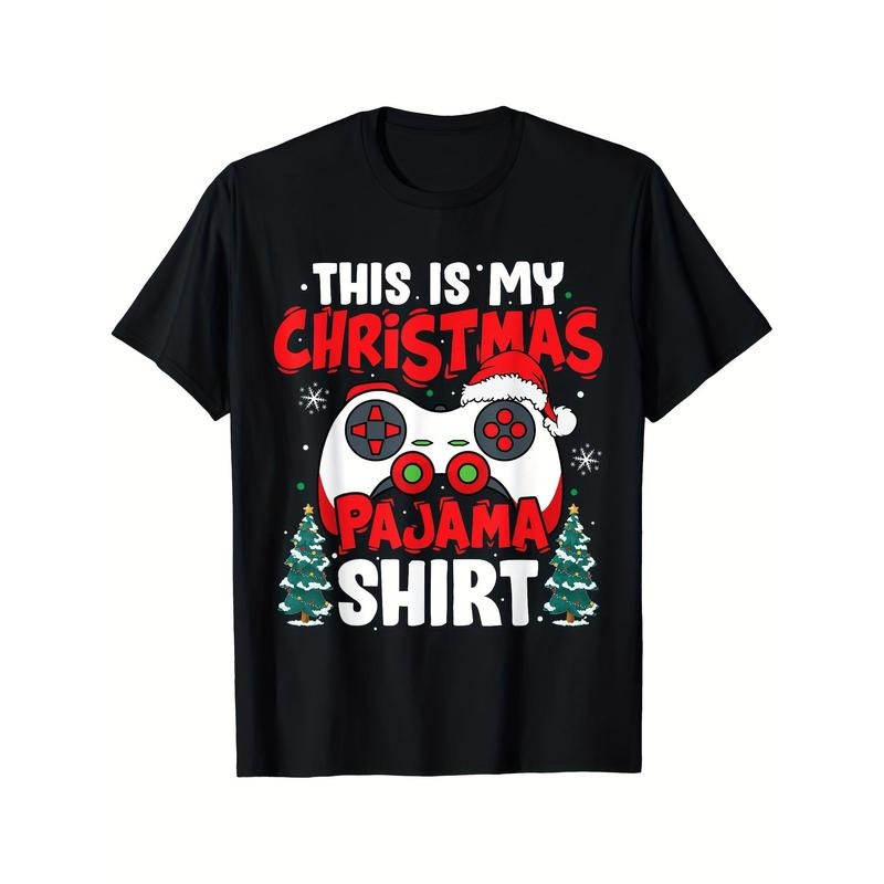 Breathable Soft Comfortable Christmas Pajama Video Game Gamer Boys Teens Printed T-shirt, Black, Casual Short Sleeve,...