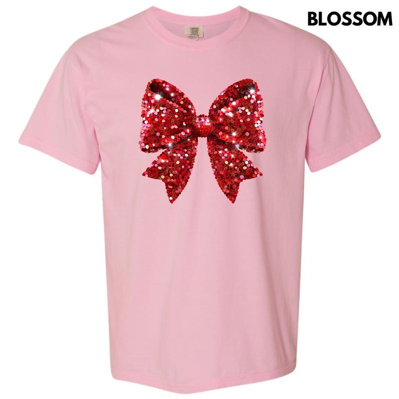 Bright Red Faux Sequin Bow Comfort Colors T-Shirt 'NLB' Hoodie Sweatshirt | PrintMintTees.com
