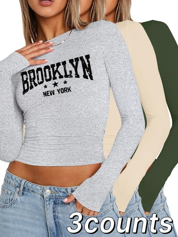 Brooklyn City Printed Long Sleeve Women's Crop T-Shirt Three Piece Set, Must-Have Trendy Tops for Spring and Fall Fashion...