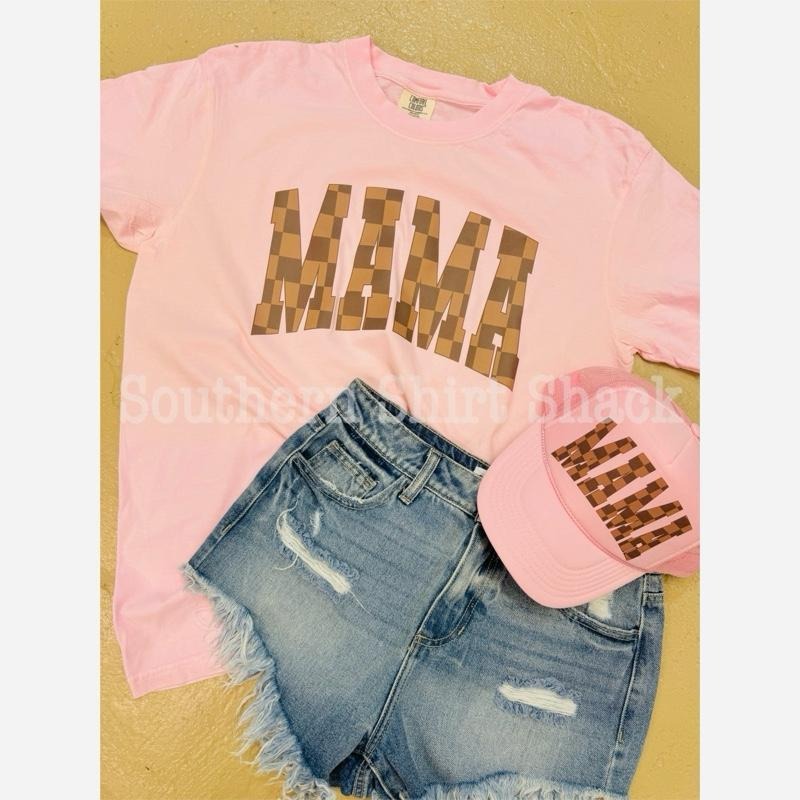 Brown Checkered Mama T shirt | Blossom comfort colors t shirt | Mama T shirt Hoodie Sweatshirt | PrintMintTees.com