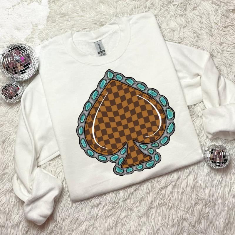 Brown checkered spade Sweatshirt, vintage crewneck sweatshirts, western outfit women, cowgirl outfits, western clothing...