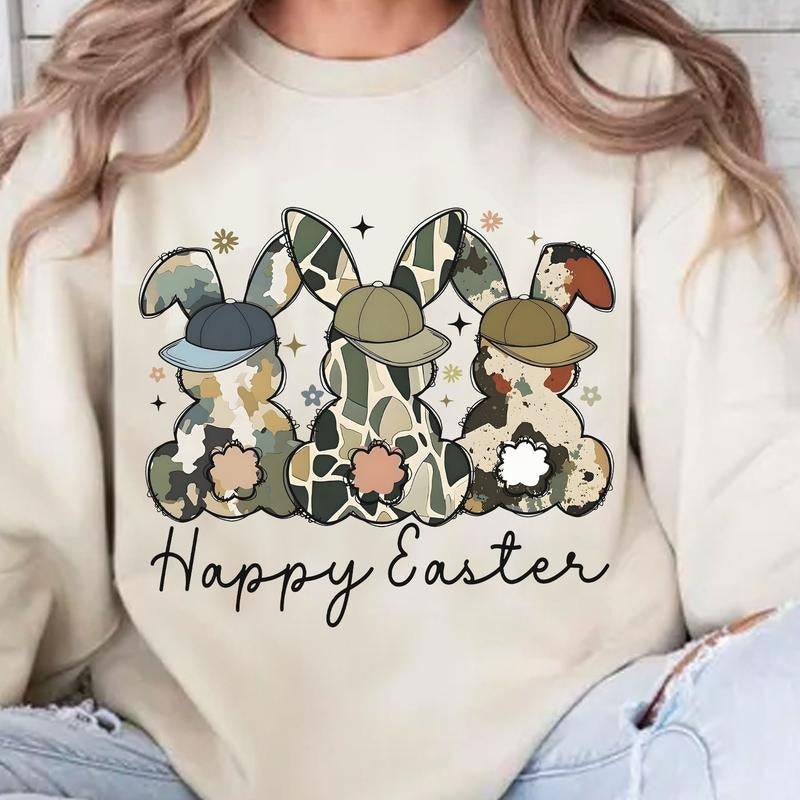 Brushstroke Bunny Oldchool Camo Pattern Easter Sweatshirt, Cute Camo Bunnies T-Shirt, Green Bunny Easter Shirt, Retro...