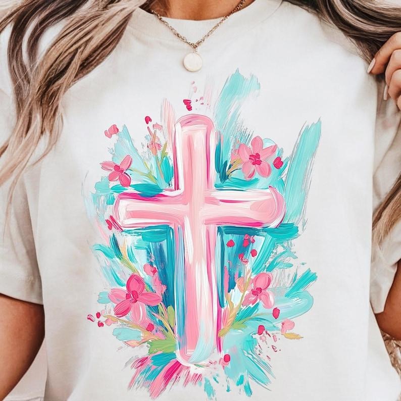 Brushstroke Easter Cross with Florals Shirt, Easter Cross Christian Girl Tee, Spring Floral Preppy Easter Gift Hoodie...