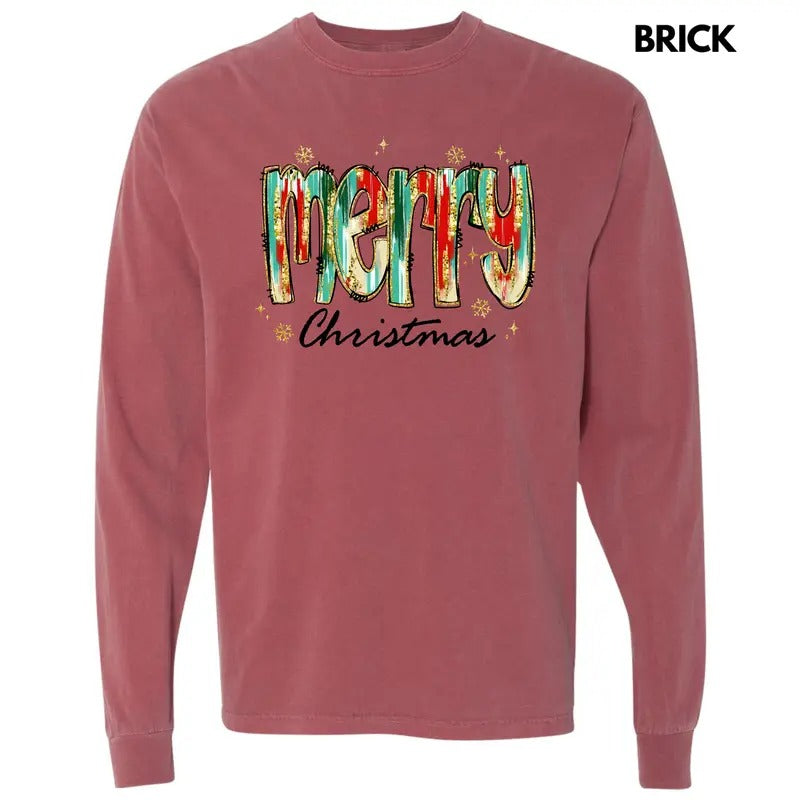 Brushstroke Merry Christmas Long Sleeve Comfort Colors T-Shirt 'NLB' Hoodie Sweatshirt | PrintMintTees.com