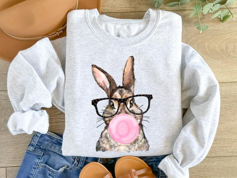 Bubble Gum Easter Bunny Sweatshirt, Cute Easter Bunny With Glasses Shirt, 2025 Easter Shirt, Cute Bunny Shirt, Bubble Gum...