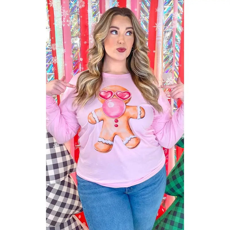 Bubble Gum Gingerbread Christmas Graphic Long Sleeve T-Shirt Hoodie Sweatshirt | PrintMintTees.com