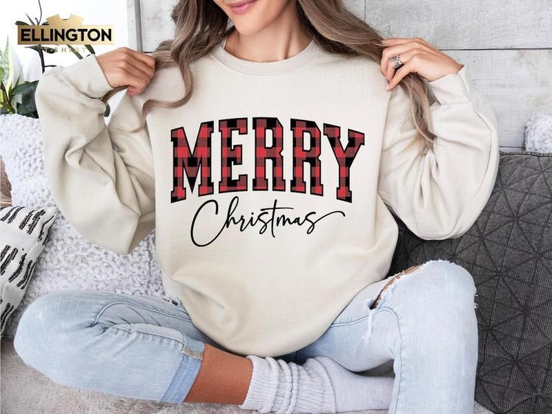 Buffalo Plaid Sweater, Merry Christmas Sweatshirt, Christmas Family crewneck, Xmas Gift Idea, Woman Xmas Shirt, Cute...