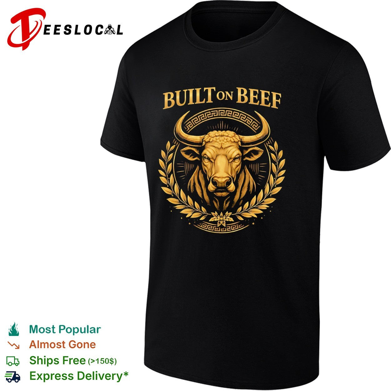 Built on Beef Gold Bull Emblem Laurel Greek Pattern Agricultural Cattle Farm shirt