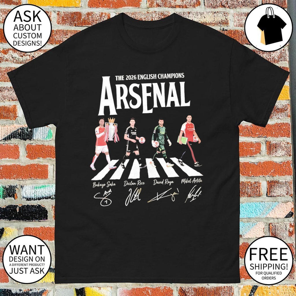 Bukayo Saka Declan Rice Mikel Arteta David Raya Arsenal The 2026 English Champions signatures shirt