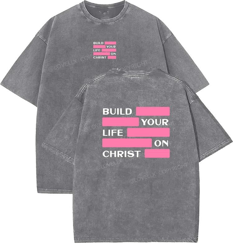 Bulid Your Life on Christ Unisex Washed T-Shirt, Christian Tshirts, Vintage 90s Graphic Tee, Gift Top Womenswear Cotton...