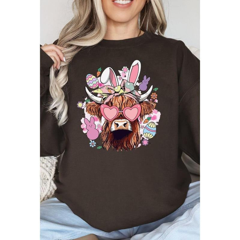 Bunny Hoppin' Highland Cow Heavy-weight Crew Sweatshirt Shirt Hoodie | PrintMintTees.com