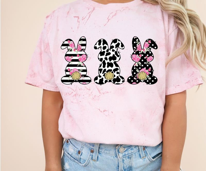 Bunny Print Comfort Colors Tee Shirt - Casual Top with Bunny and Leopard Print Design