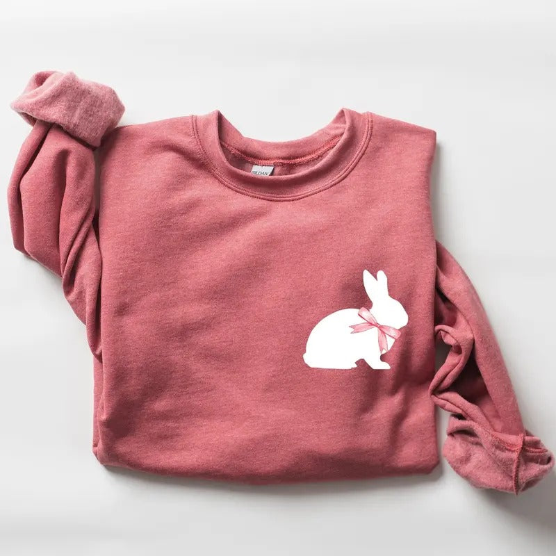 Bunny Wearing A Bow, Pocket Print, Easter Rabbit Sweatshirt, Women's Crew Neck, Crewneck Shirt Hoodie | PrintMintTees.com