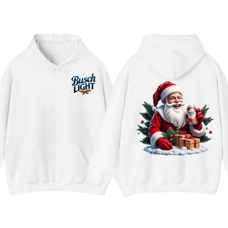 Busch Light Santa Hoodie , Christmas Edition , Dark Green Sweatshirt with Santa Claus Holding Busch Light Can Shirt