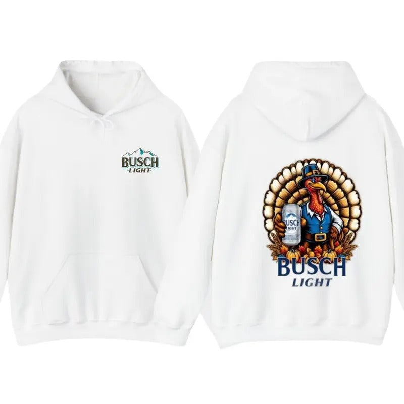 Busch Light Thanksgiving 2 sides Turkey Hoodie, T-Shirt Trendy High Fabric Sweatshirt | PrintMintTees.com