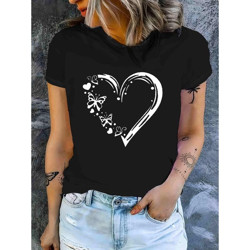 Butterfly Heart Print Crew Neck T-shirt, Casual Short Sleeve Summer Top, Women's Clothing style 02 Hoodie Sweatshirt
