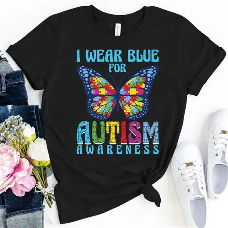 Butterfly I Blue Autism Awareness Printing Cotton Earthy Black Outfits T-Shirts, Hoodie, Sweatshirt