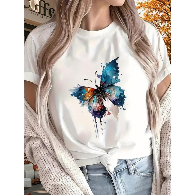 Butterfly New Women'S Printed T-shirt, Short Sleeves, Four Seasons Can Be Worn for Outdoor, Home, Sports Top Gift style...