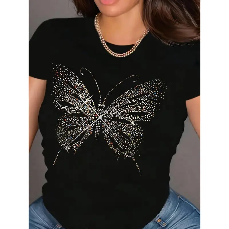 Butterfly Print Crew Neck T-shirt, Short Sleeve Casual Top For Spring & Summer, Women's Clothing Hoodie Sweatshirt
