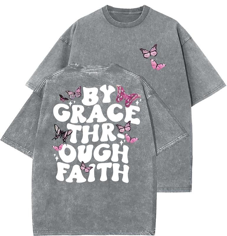 By Grace Through Faith Unisex Washed T-Shirt, Christian t shirts, Vintage 90s Graphic Tee, Gift Top Womenswear Cotton...