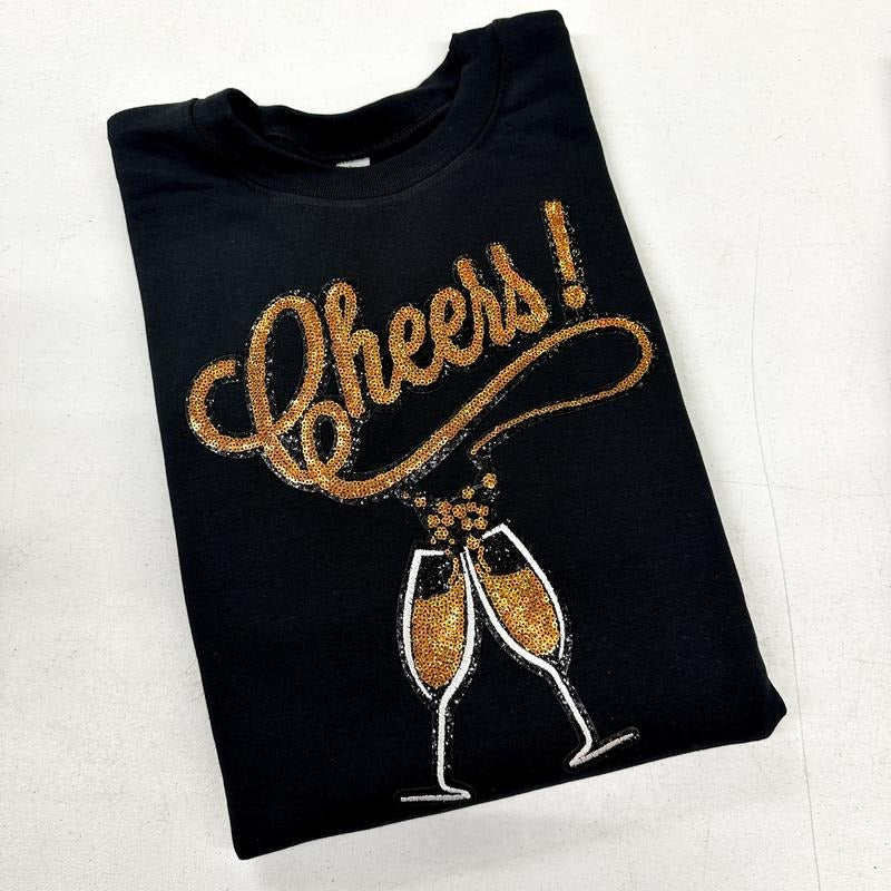 CHEERS! Champagne Sequin Patch Sweatshirt Shirt Hoodie | PrintMintTees.com