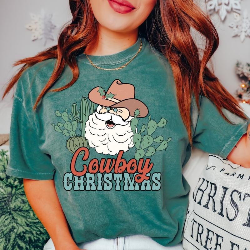 COWBOY CHRISTMAS SANTA T-SHIRT (COMFORT COLORS T-SHIRT, CASUAL SHIRT UNISEX, CHRISTMAS CLOTHING, GRAPHIC APPAREL, HOLIDAY...