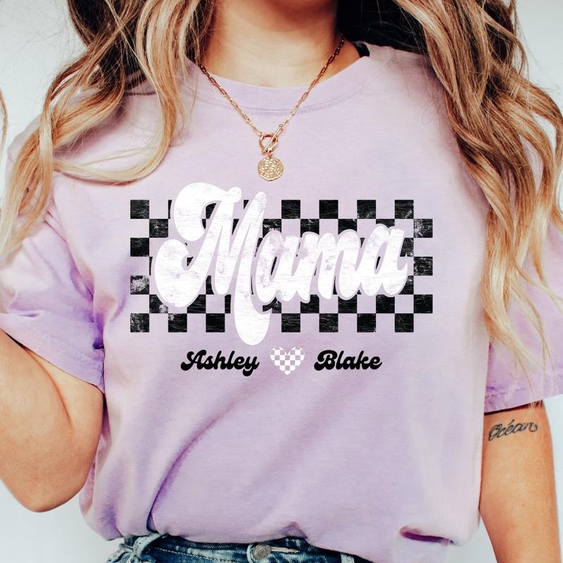 CUSTOM MOTHER'S DAY SHIRT, MAMA SHIRT WITH NAMES CHECKERED #1, MAMA CHECKERED SHIRT, COMFORT COLORS CASUAL COTTON T-SHIRT...