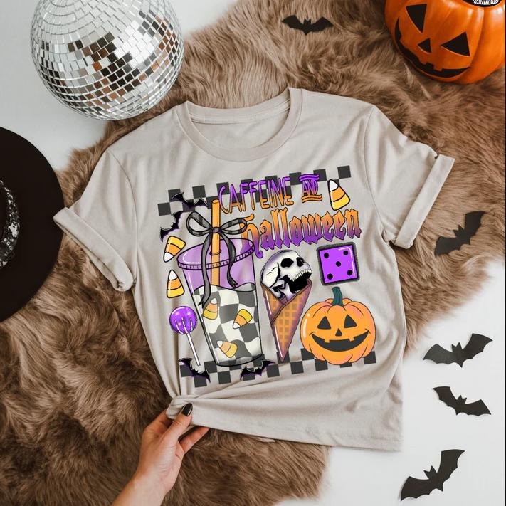 Caffeine and Halloween shirt, vintage halloween western graphic tees, western outfits women, women's graphic tees...