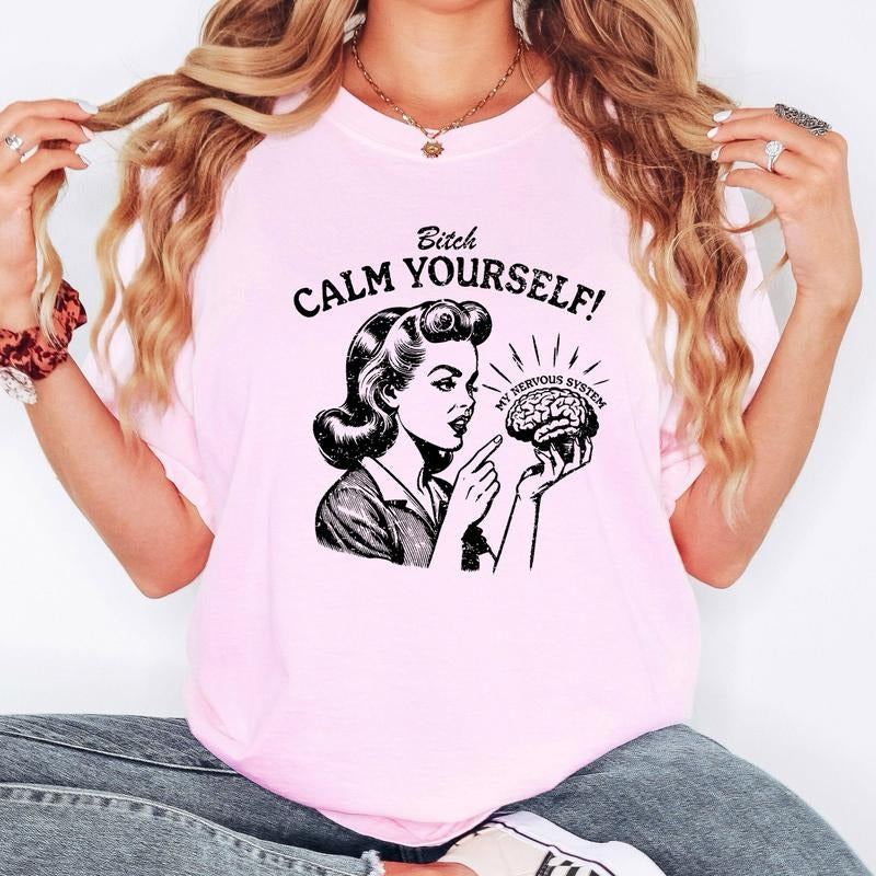 Calm Yourself Stress Retro Vintage Meme Funny Comfort Colors Crew Neck Shirt Hoodie Sweatshirt