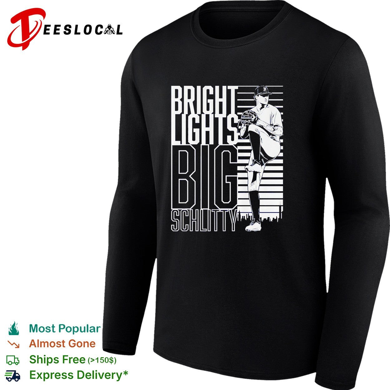 Cam Schlittler leg kick pose New York Yankees Bright Lights Big Schlitty shirt