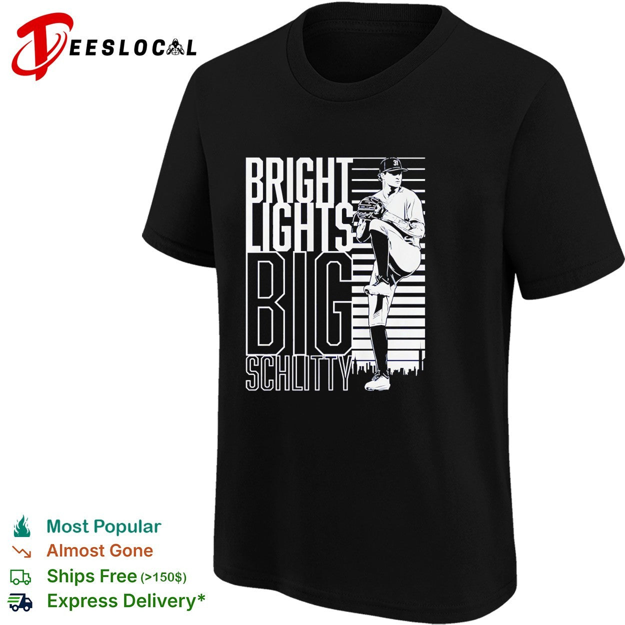 Cam Schlittler leg kick pose New York Yankees Bright Lights Big Schlitty shirt