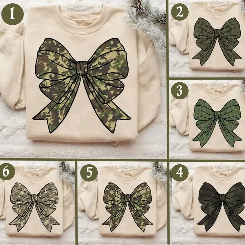 Camo Bow Bundle Coquette Bottomland Sweatshirt, Camouflage Bow Duck Hunting Retro Girl Cute Shirt Hoodie | PrintMintTees.com