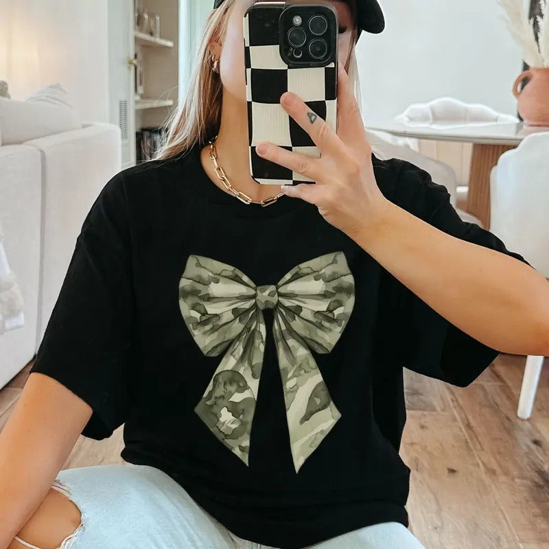Camo Bow Shirt, Coquette Camouflage Sweatshirt, Military bow Shirt, Women Duck hunting Shirt for girls Retro Hunting...