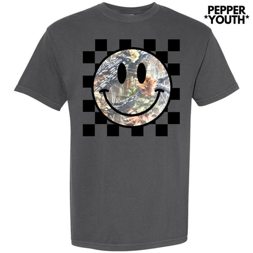 *** Camo Checker Happy Face Comfort Colors T-Shirt (Youth) 'NLB' Hoodie, Sweatshirt | PrintMintTees.com