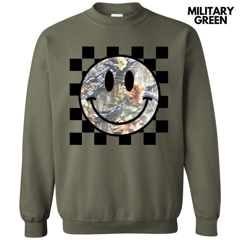 Camo Checker Happy Face Sweatshirt 'NLB' T-Shirts, Hoodie | PrintMintTees.com