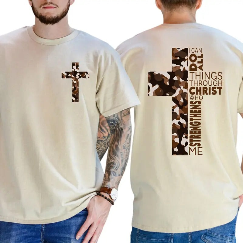 Camo Christian Cross Shirt 2-Sided, I Can Do All Things Through Christ T-shirt, Unisex Hunting Tees, Bible Verse Tops,...