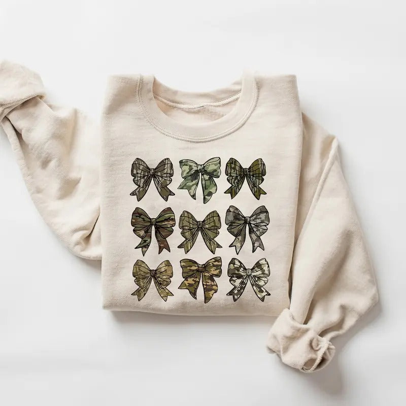 Camo Coquette Bow Sweatshirt, Coquette Camouflage Bow Sweatshirt, Camo Bow Sweater, Retro Camo Girl Shirt, Autumn Fall...