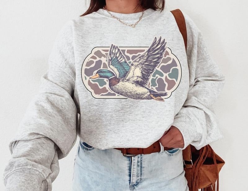 Camo Flying Mallard Bird Sweatshirt, Funny Duck Shirt, Duck Hunting Trendy Sweater Hoodie | PrintMintTees.com