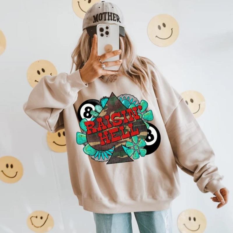 Camo Raisin Hell Crew Western Outfits Western Tops Rodeo Cowgirl Outfits Country Concert Outfits Shirt Shirt Hoodie Sweatshirt