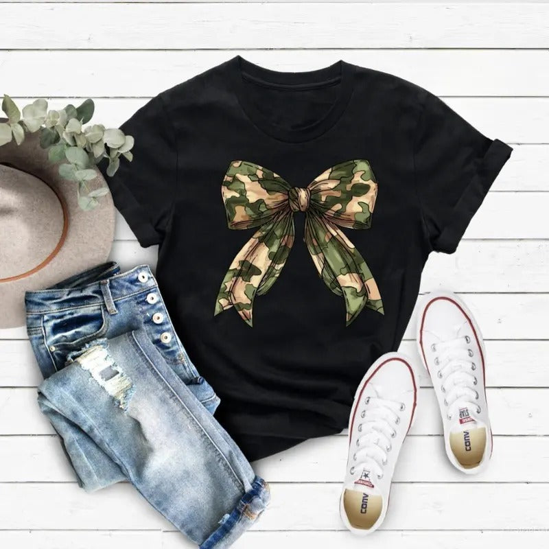 Camouflage Bow Shirt, Camouflage Coquette Shirt, Coquette Aesthetic Tee, Camouflage Print Shirt, Camo Bow T-shirt, Brown...