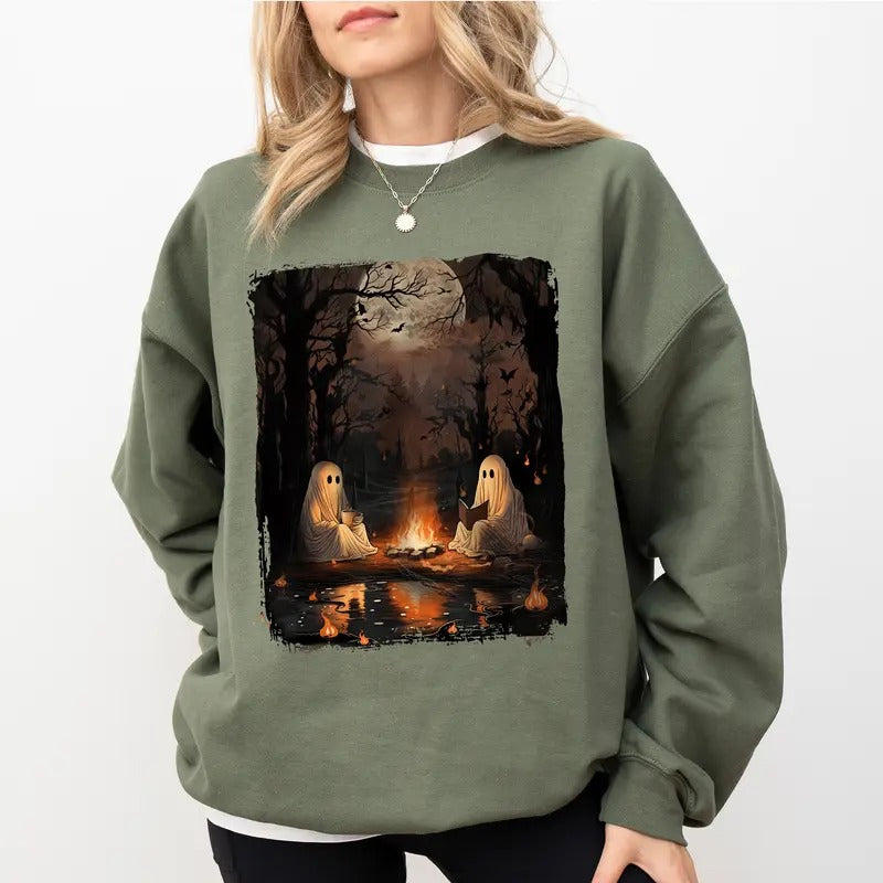 Camping Halloween Ghosts Funny Reading Boo Cute Coffee Ghost Spooky Season Camping Ghosts Halloween Party Top Halloween Boos Comfy Long Sleeve Cute Tops Soft Cotton Fabric Womenswear T-Shirts, Hoodie, Sweatshirt