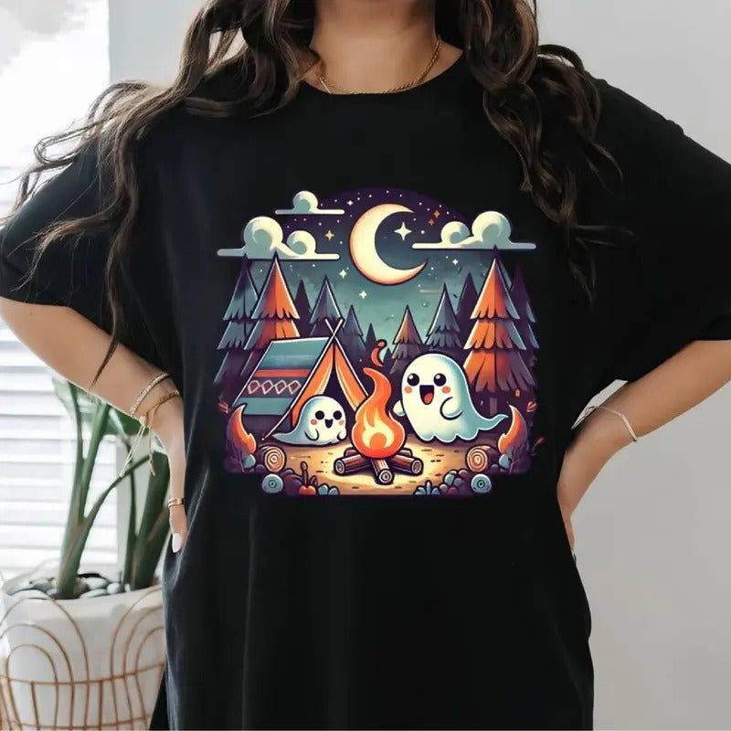 Camping With Boo Halloween Tshirt Spooky Season Party Shirt, Cute Ghost, Cute Boo, Vintage Shirt Hoodie Sweatshirt