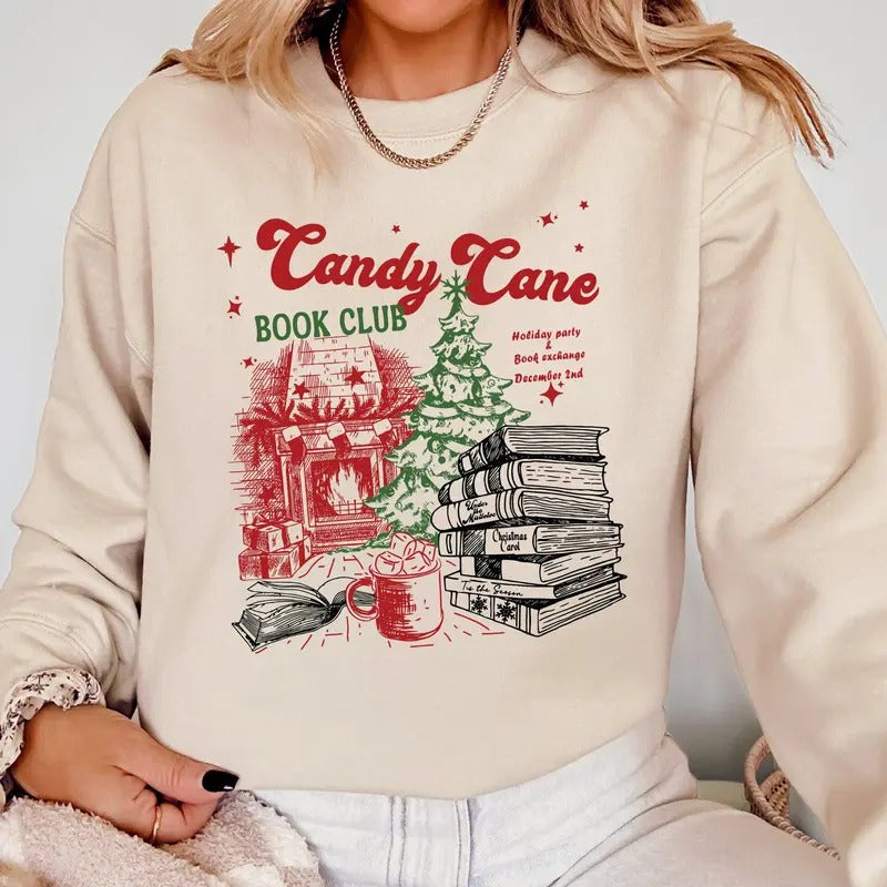 Candy Cane Book Club, Christmas, Reading, Winter, Santa, Xmas Sweatshirt, Women's Crew Neck, Crewneck Shirt Hoodie