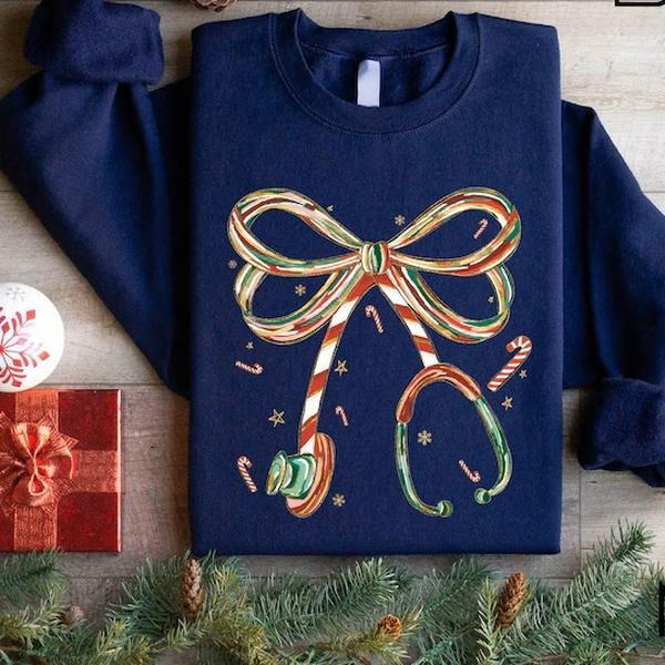 Candy Cane Stethoscope Sweatshirt, Nurse Christmas Bow Sweater, Festive Holiday Medical T-Shirt, Healthcare Workers...