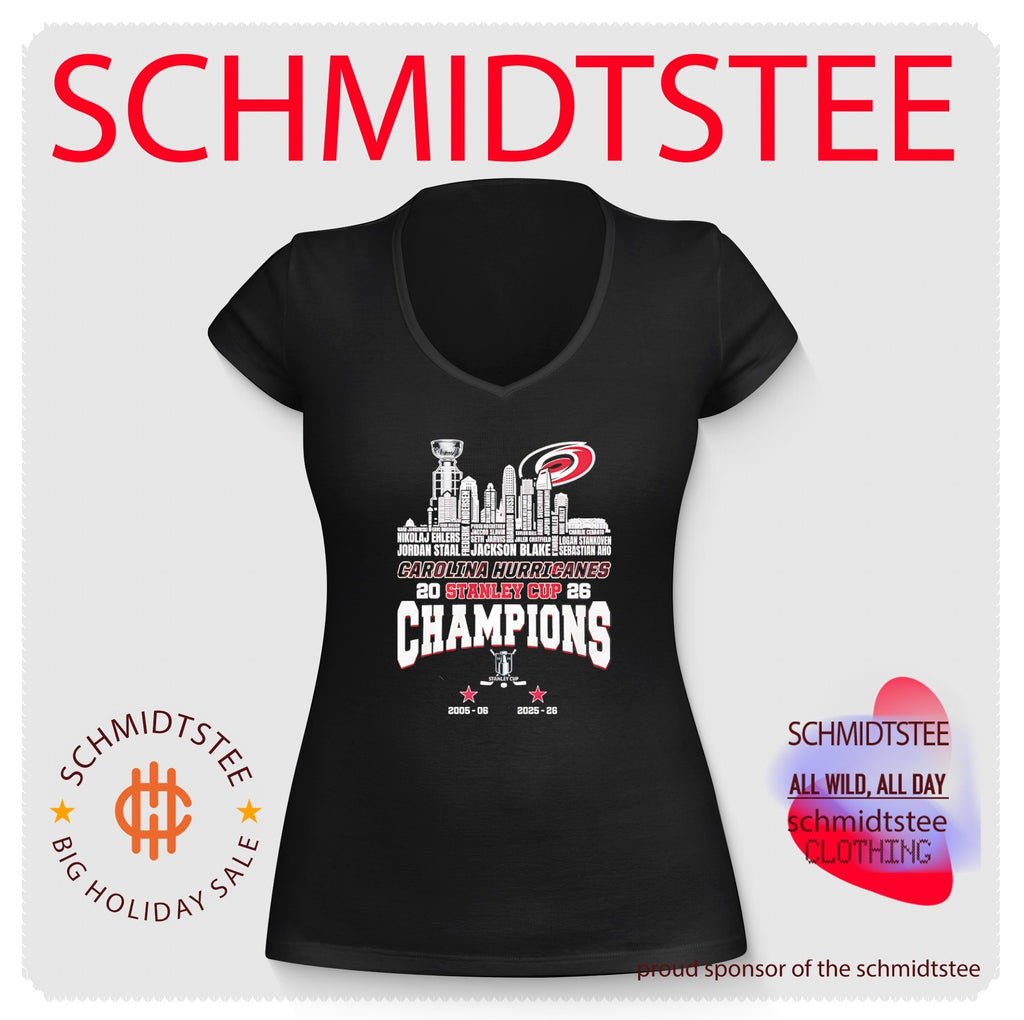 Carolina Hurricanes 2026 Stanley Cup Champions trophy alongside city skyline shirt