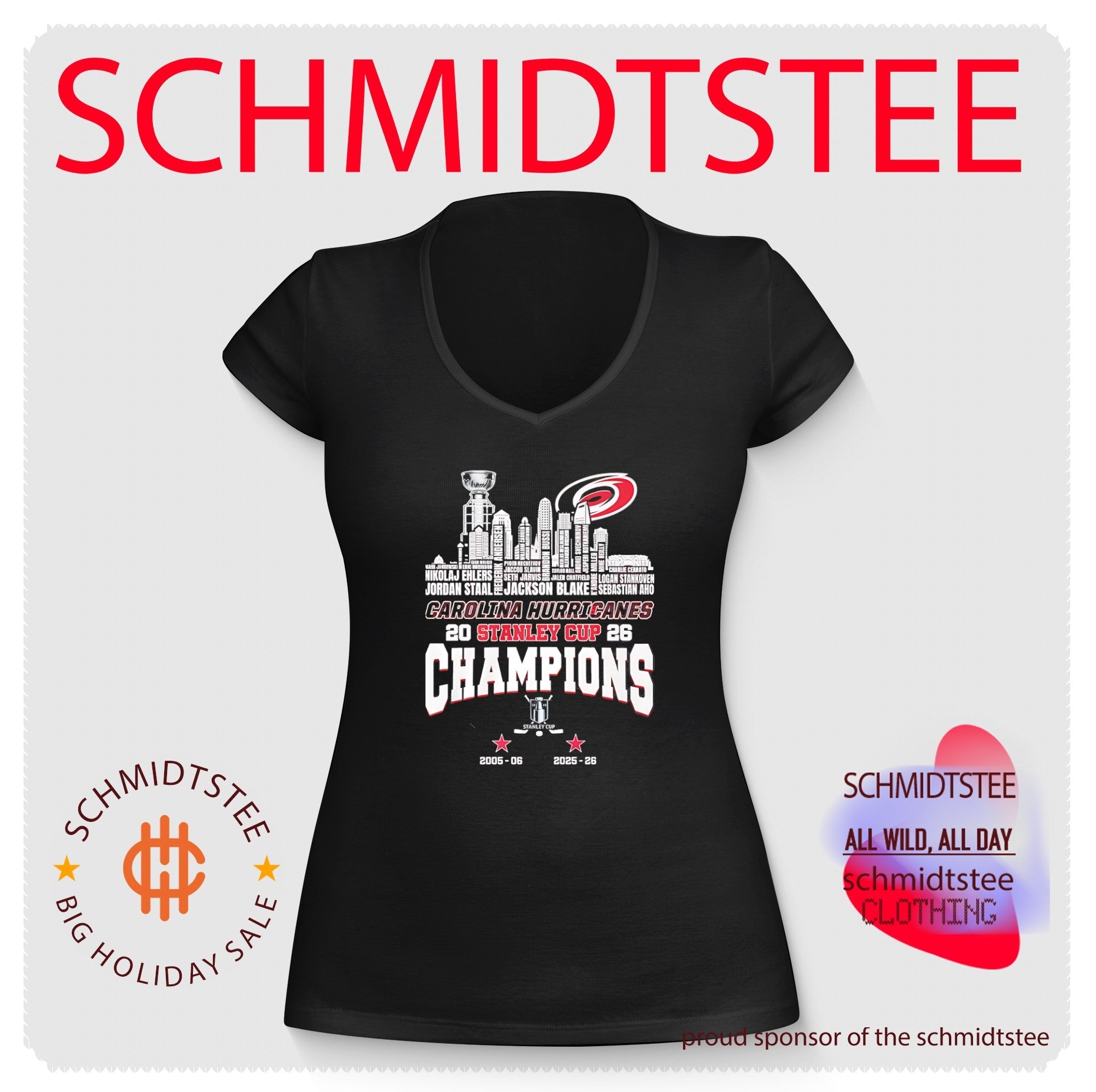 Carolina Hurricanes 2026 Stanley Cup Champions trophy alongside city skyline shirt