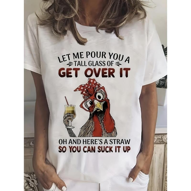 Cartoon Chicken Print Crew Neck T-shirt, Casual Short Sleeve Top For Spring & Summer, Women's Clothing style 02 Hoodie...