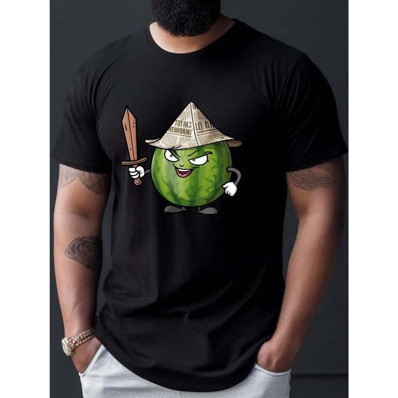 Cartoon Of A Watermelon Print Tee Shirt, Tees For Men, Casual Short Sleeve T-shirt For Summer made in usa Hoodie Sweatshirt