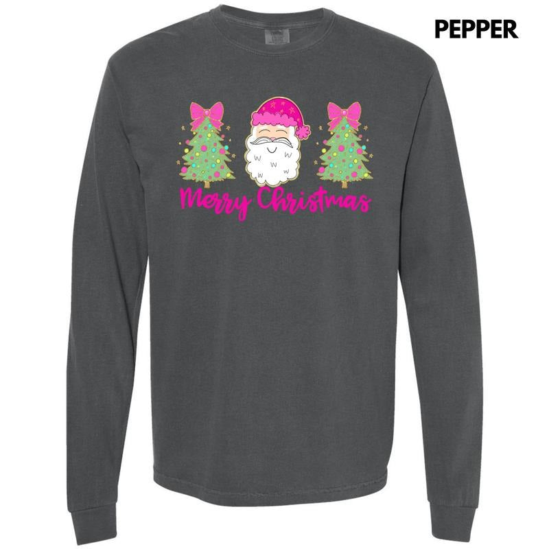 Cartoon Santa Trees Trio Long Sleeve Comfort Colors T-Shirt 'NLB' Hoodie, Sweatshirt | PrintMintTees.com
