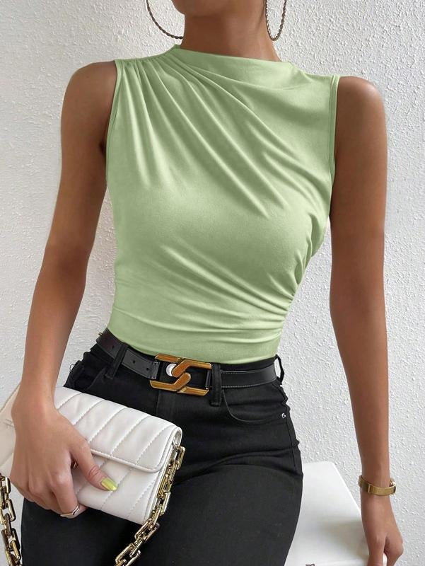 Casual Ruched Mock Neck Tank Top Sleeveless Slim Fit Work Shirt Tops Hoodie, Sweatshirt | PrintMintTees.com